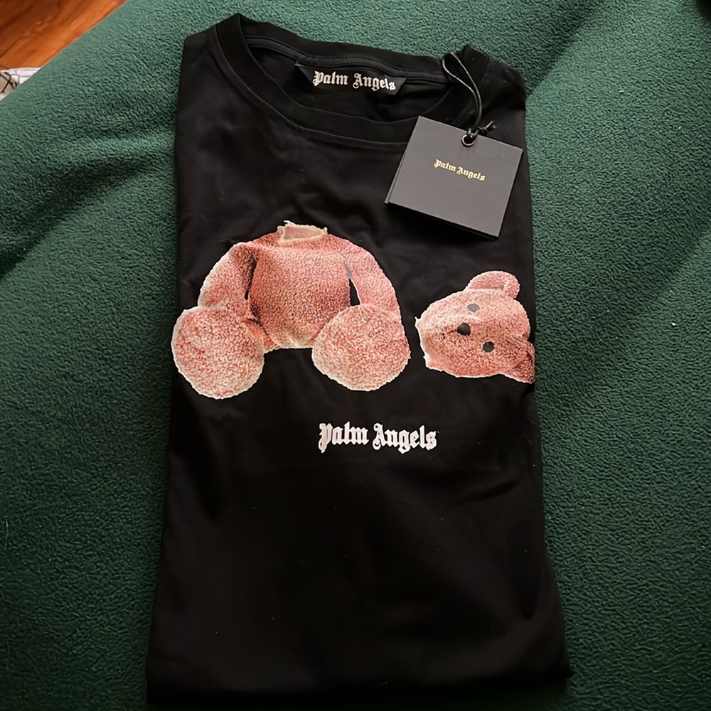 Palm Angels Black Tee with Pink Teddy Graphic
